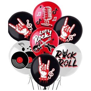 Pack with 28 rock & roll - music balloons in black, red and white colors.
